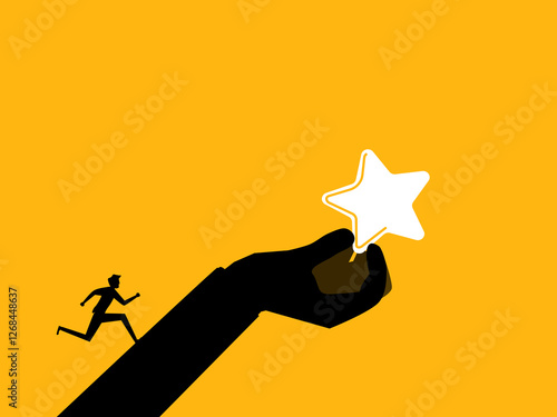 Employee success concept. Businessman running up to the star on the giant hand