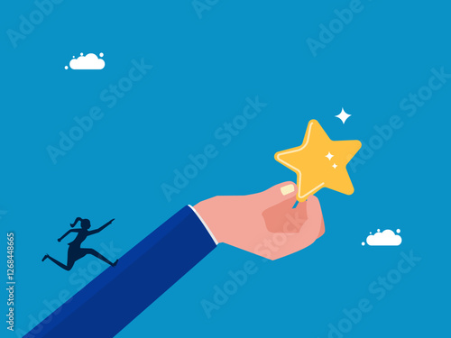 Praise success or achievement. Businesswoman running up to the star on the giant hand