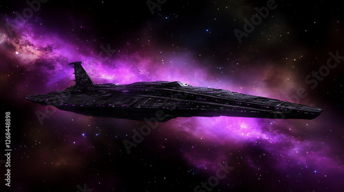Space Battleship Navigating Through a Vibrant Nebula in the Vast Expanse of the Universe Environment