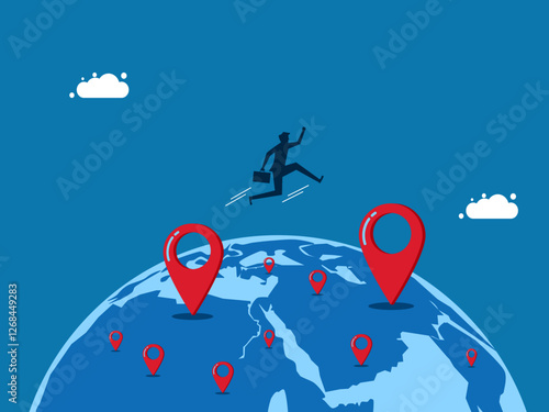 Expanding Branches. Relocation. Businessman jumps to new map pins. vector