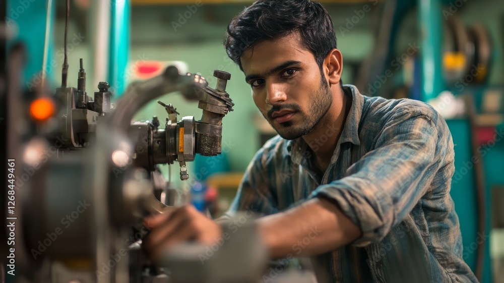 A young man is focused on manipulating machinery in a workshop filled with various tools and equipment A young man is focused on manipulating machinery in a workshop filled with various tools and equipment
