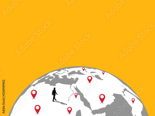 Businessman walks along the world map pins, expands branches, travels, searches for new businesses