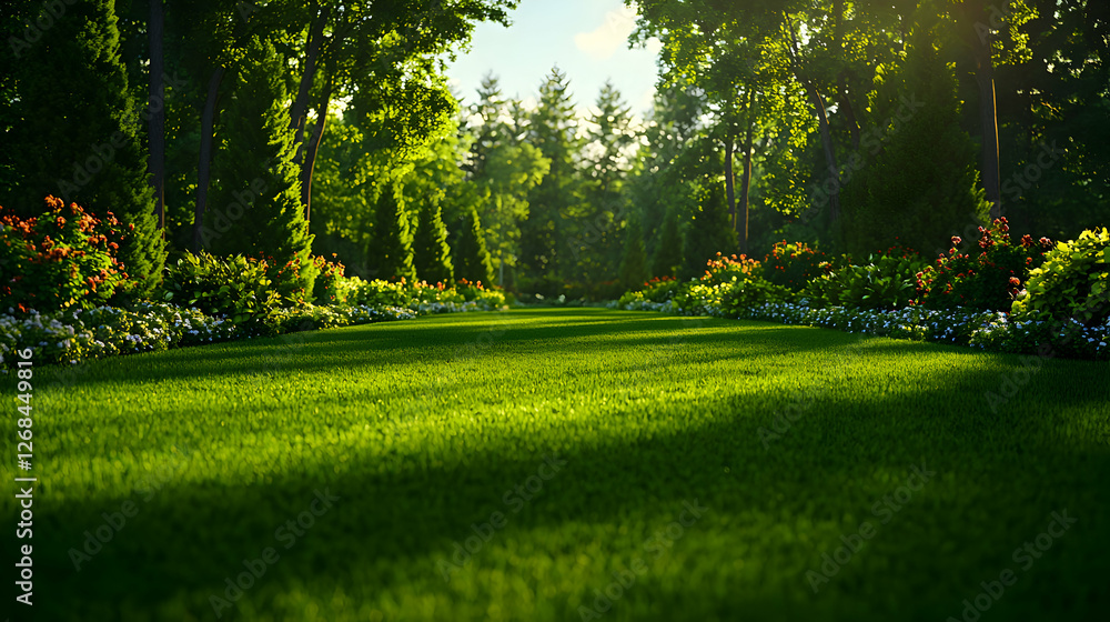 Obraz premium Sunlit Garden Path Through Lush Green Forest