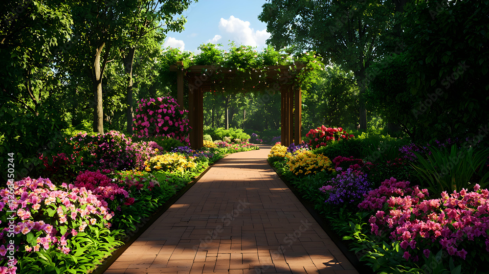 Obraz premium Sunlit Garden Path with Blooming Flowers and Wooden Arch