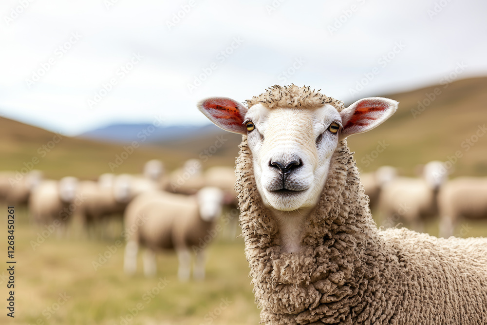 Close up sheep face in large herd, looking straight ahead with curious expression Close up sheep face in large herd, looking straight ahead with curious expression
