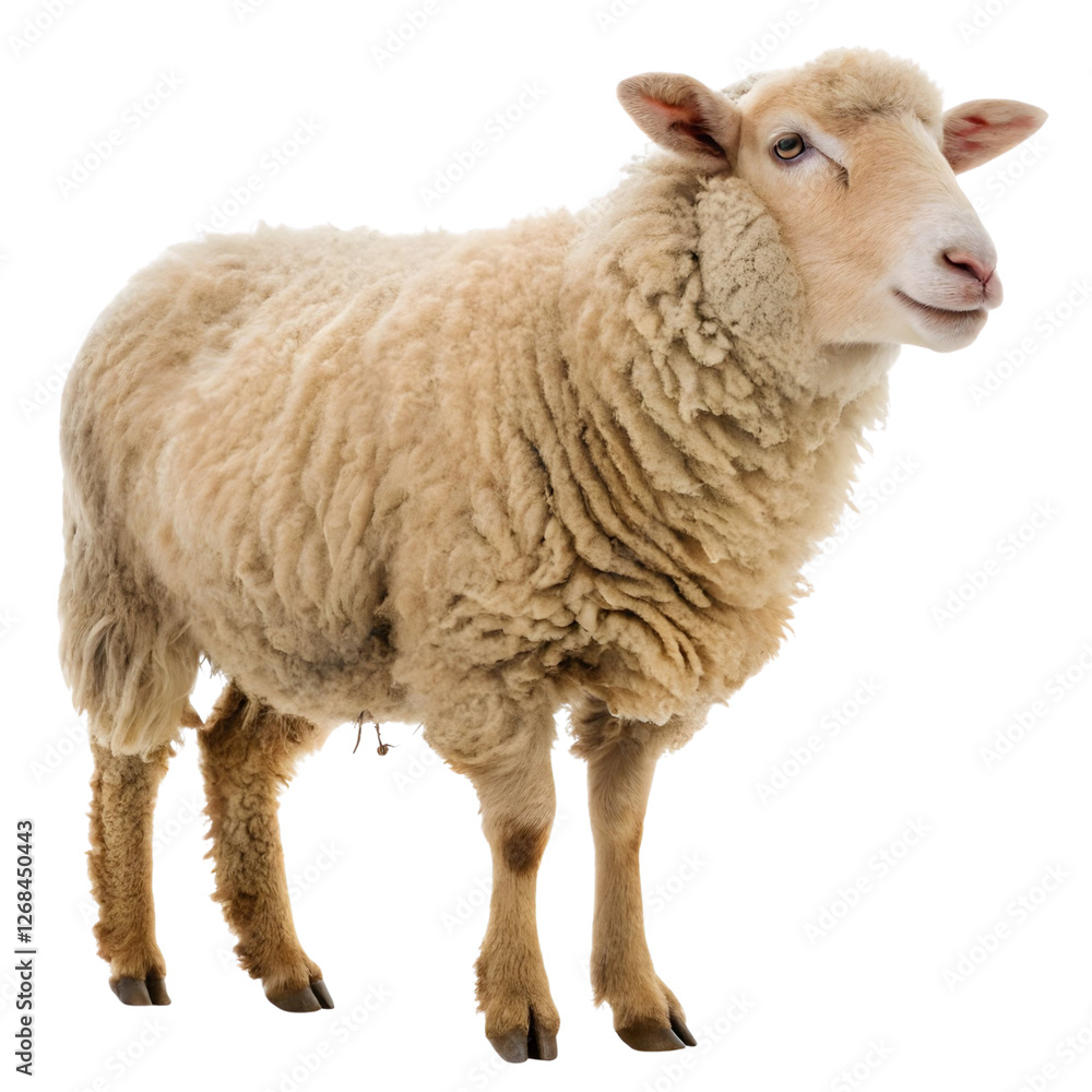 A fluffy sheep stands with a confident posture, showcasing its thick wool coat and friendly expression A fluffy sheep stands with a confident posture, showcasing its thick wool coat and friendly expression