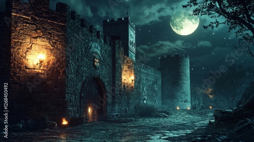 Enchanted Night Scene of Old Stone Castle Under Full Moonlight