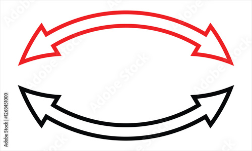 Set of double headed curve red and black arrows. Dual sided curved arrow icon. Black and red arrows set. Double reverse arrows. Black and red arrow. Replaceable vector design. Dual semi circle arrow.  photo