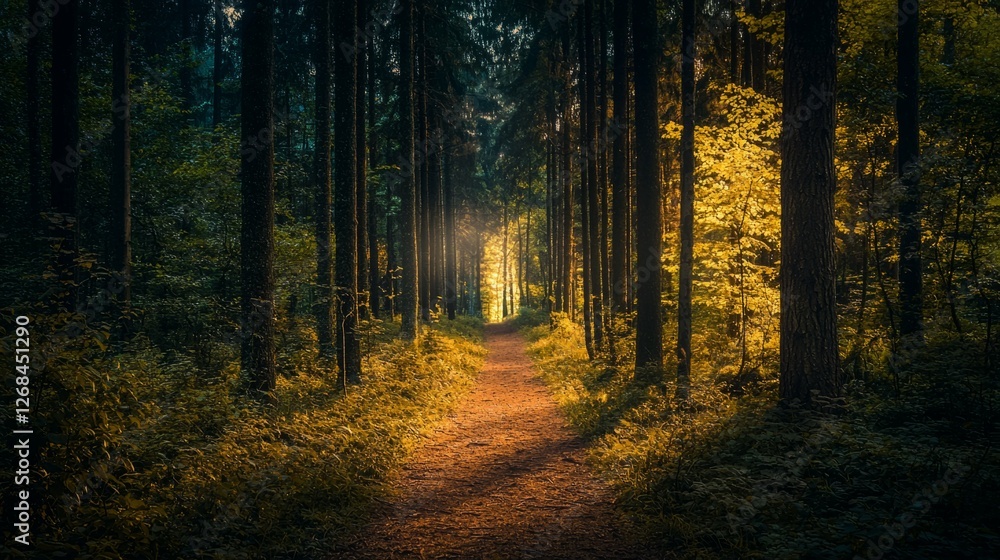 Enchanted Pathway Through Lush Green Forest at Golden Hour Light Enchanted Pathway Through Lush Green Forest at Golden Hour Light