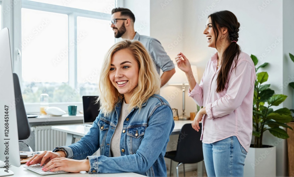 Fototapeta premium Dynamic and Energetic Workplace with a Happy Team – Modern Business Collaboration and Productivity