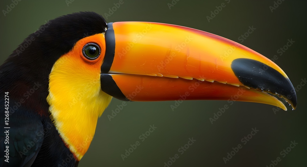 Naklejka premium Close-Up Of Vibrant Toucan Head And Beak With Green Background