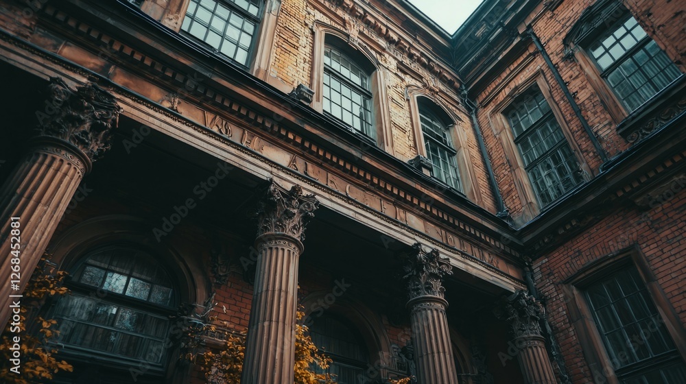 Obraz premium Architectural Details of an Abandoned Historic Building Exterior
