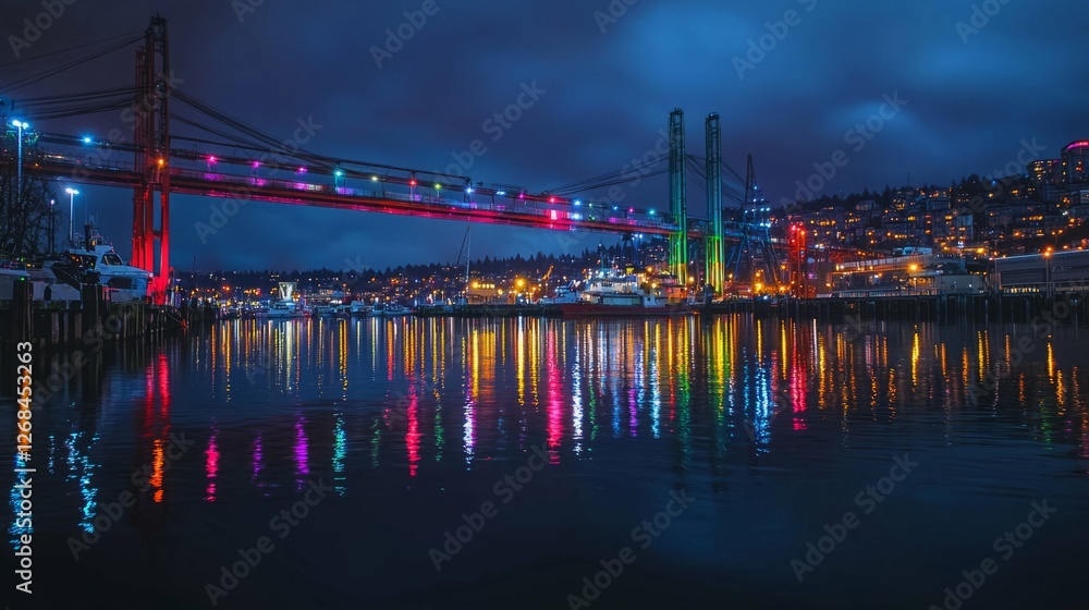 Vibrant Cityscape at Night with Colorful Reflections on Water Vibrant Cityscape at Night with Colorful Reflections on Water