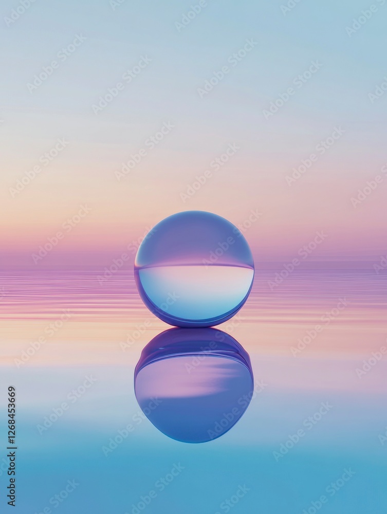 A minimalist composition featuring an illuminated sphere floating on the horizon, surrounded by soft gradient colors of blue and purple.