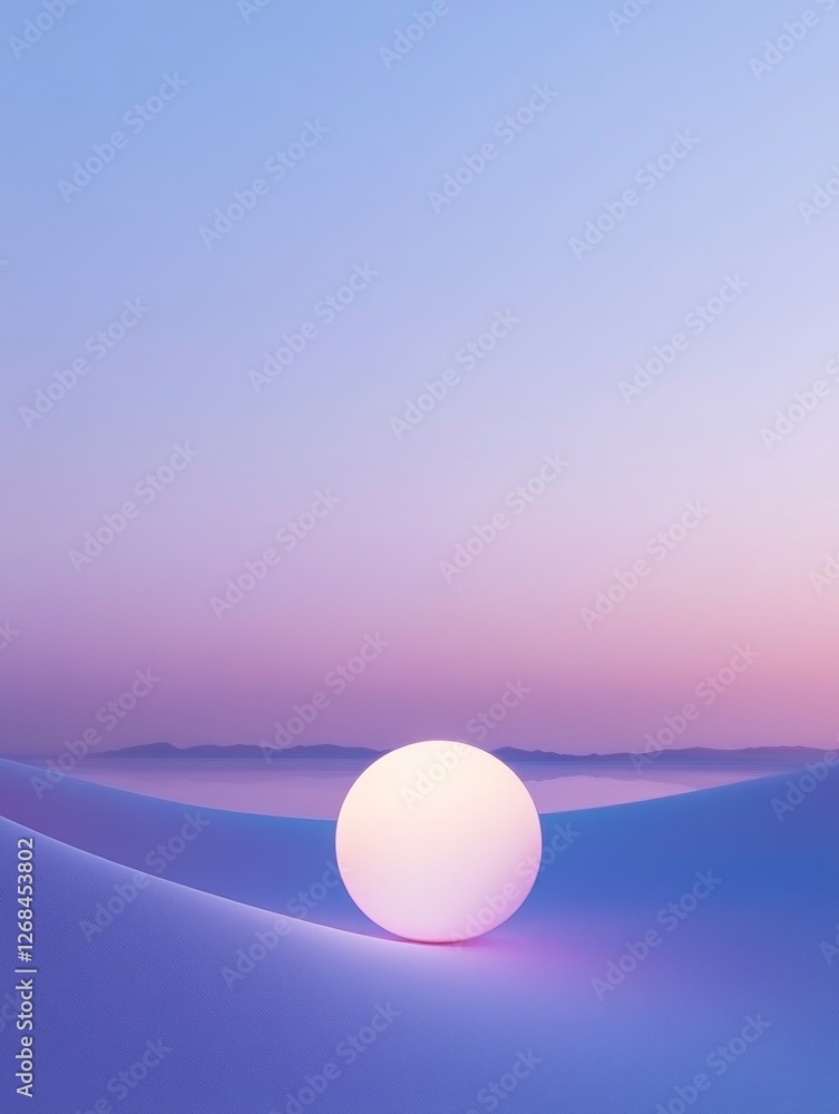 A minimalist composition featuring an illuminated sphere floating on the horizon, surrounded by soft gradient colors of blue and purple. A minimalist composition featuring an illuminated sphere floating on the horizon, surrounded by soft gradient colors of blue and purple.