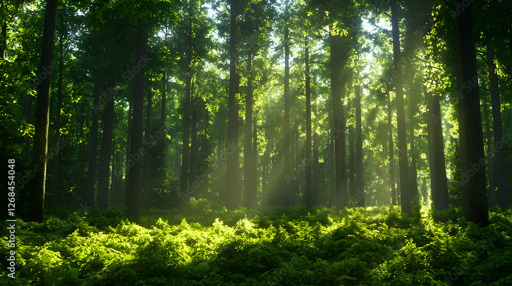 Obraz premium Sunlit Green Forest Landscape