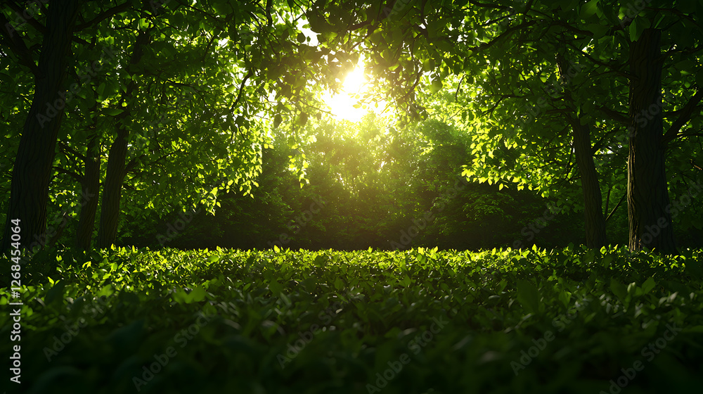 Fototapeta premium Sunlit Green Forest Landscape