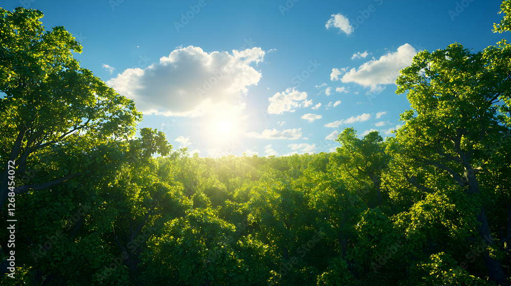 Fototapeta premium Sunlit Green Forest Landscape Under a Blue Sky