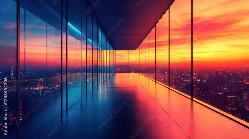 Obraz premium Modern Office Interior with Glass Walls and Vibrant Sunset View