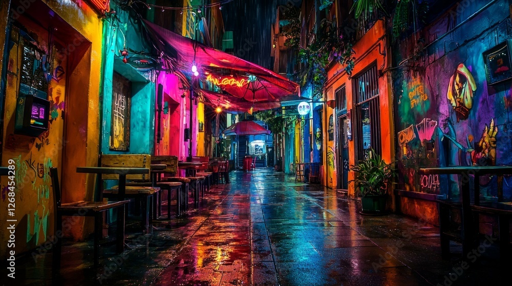 Obraz premium Colorful Alleyway at Night with Vibrant Walls and Rain Effects