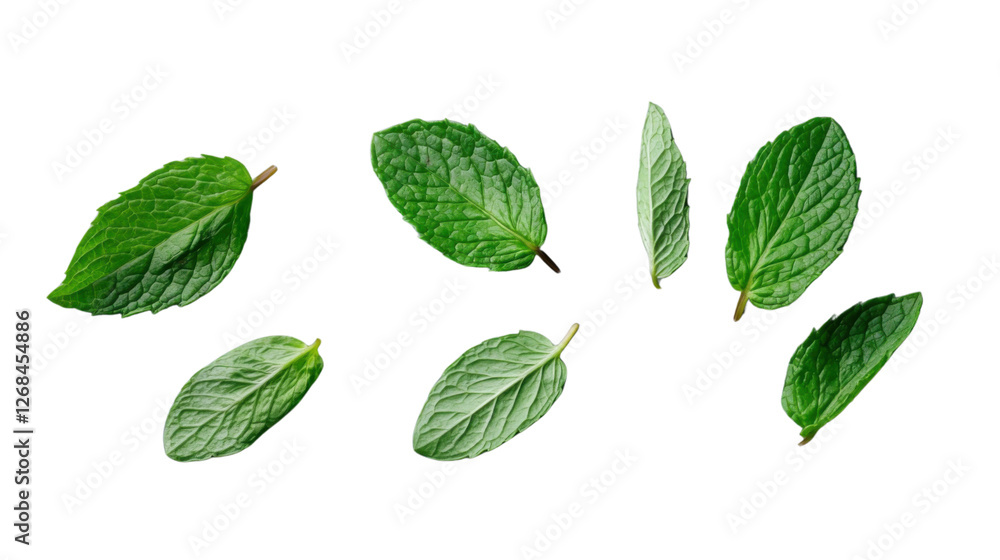 Fresh mint leaves falling on transparent background Fresh mint leaves falling on transparent background
