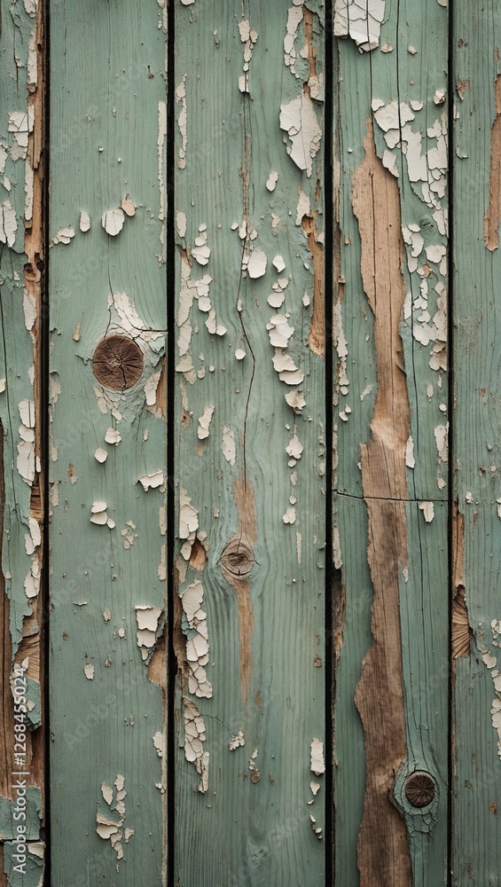 close-up view of a weathered wooden surface, featuring horizontal planks with a distressed, peeling paint finish. The predominant color is a faded green, interspersed with patches of exposed wood and close-up view of a weathered wooden surface, featuring horizontal planks with a distressed, peeling paint finish. The predominant color is a faded green, interspersed with patches of exposed wood and
