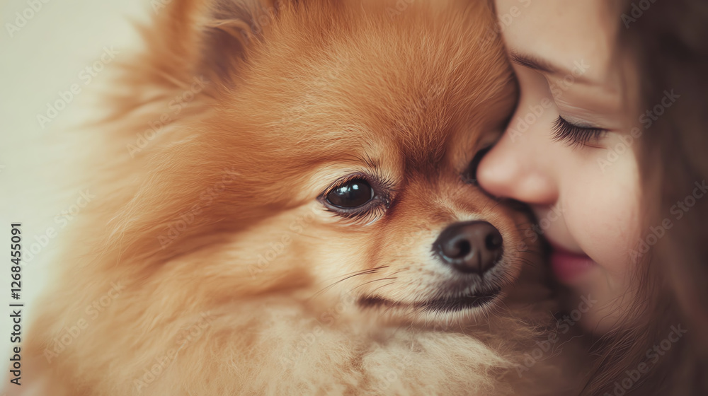 A joyful moment shared between a girl and her fluffy Pomeranian dog; a touching display of love and friendship. A joyful moment shared between a girl and her fluffy Pomeranian dog; a touching display of love and friendship.
