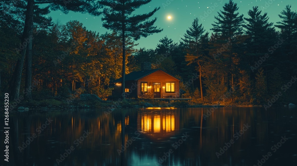 Fototapeta premium Serene Lakeside Cabin Under Starry Night Sky with Reflections