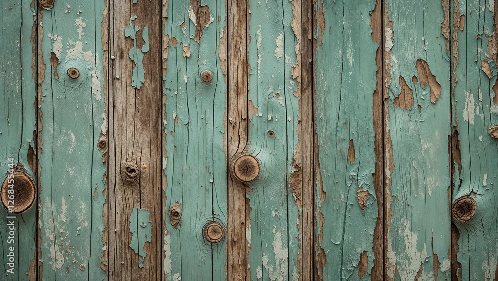 close-up view of a weathered wooden surface, featuring horizontal planks with a distressed, peeling paint finish. The predominant color is a faded green, interspersed with patches of exposed wood and close-up view of a weathered wooden surface, featuring horizontal planks with a distressed, peeling paint finish. The predominant color is a faded green, interspersed with patches of exposed wood and