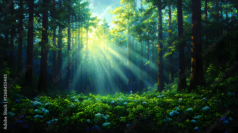 Obraz premium Sunlit Green Forest Pixel Art