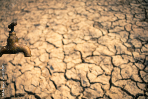 The harsh sunlight casts shadows over the barren land, emphasizing extreme drought conditions. photo