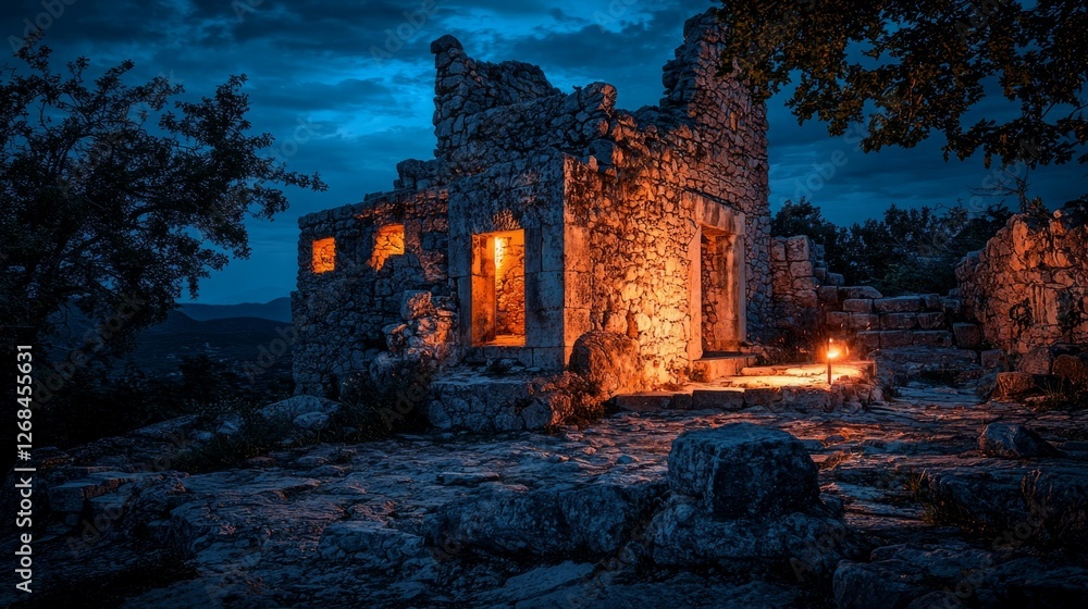 Obraz premium Abandoned Stone House with Warm Light in the Night Landscape