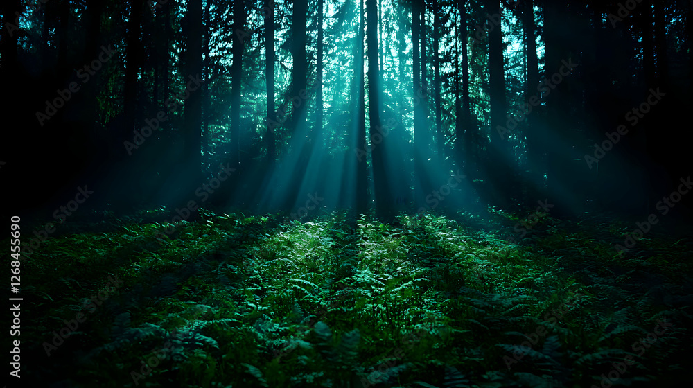 Obraz premium Sunlit Green Forest With Dark Shadows