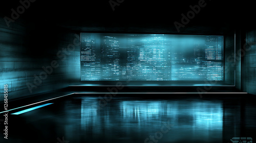 Urban Cyberpunk Cityscape View from Interior Room with Reflections and Futuristic Elements