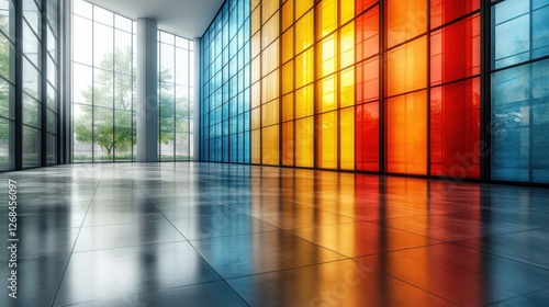 Vibrant Modern Interior with Colorful Glass Panels and Reflection