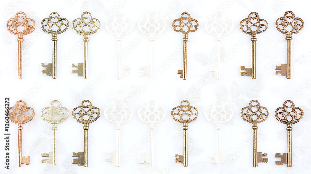Variety of Ornate Keys in Rows on Decorative Background Keys Symbolism History Collection Variety of Ornate Keys in Rows on Decorative Background Keys Symbolism History Collection