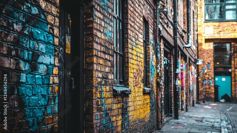 Fototapeta premium Colorful Urban Alley with Graffiti and Textured Brick Walls