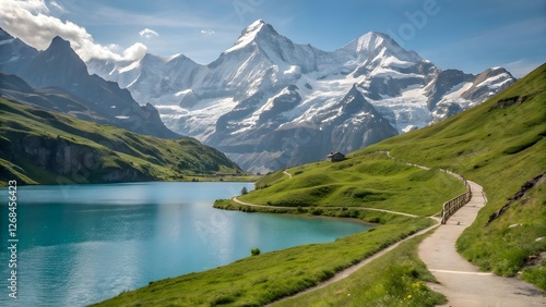 Swiss alps, Grindelwald valley, Europe. Popular tourist attraction. Bernese range above lake.