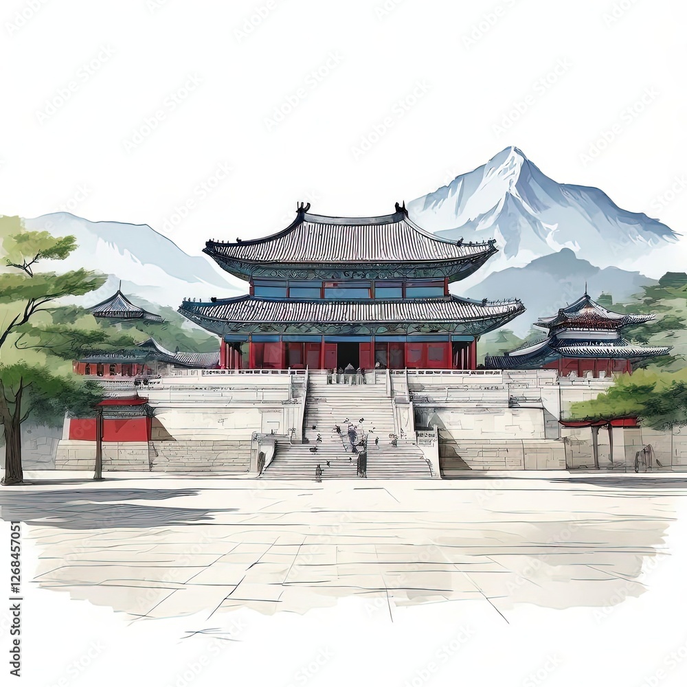 Fototapeta premium an AI Image Generator, Traditional Korean Palace With Mountain
