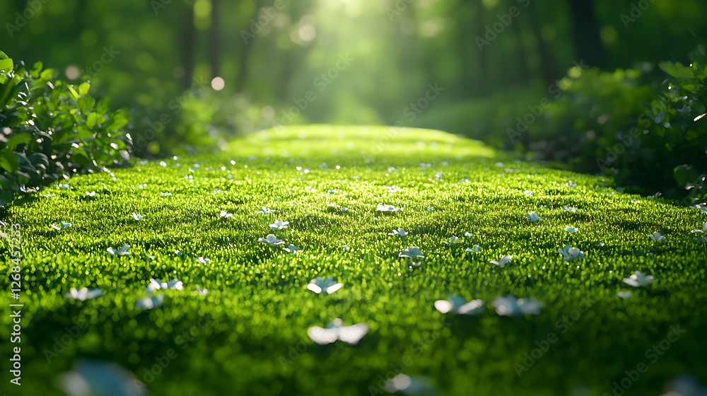 Sunlit Green Grass Path with White Flowers Sunlit Green Grass Path with White Flowers