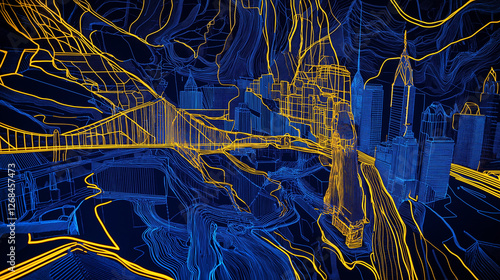 Abstract artistic depiction of Philadelphia, glowing neon outlines of famous landmarks such as the Ben Franklin Bridge