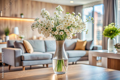 White flowers vase modern living room interior design