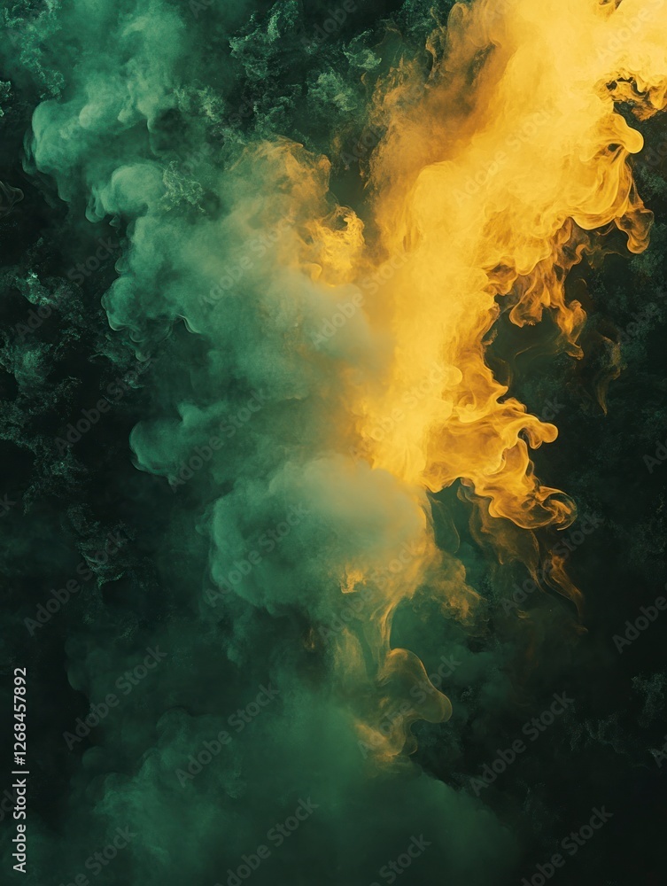 Fototapeta premium Green and yellow smoke, dark background, green on the left side of the screen, yellow on the right side of the screen, smoke flowing upwards.