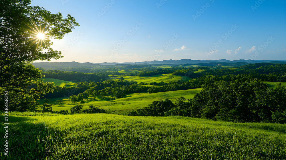 Fototapeta premium Sunlit Green Landscape with Rolling Hills