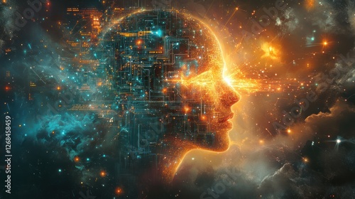A digital human head made of circuits and data is surrounded by stars and cosmic energy, representing the concept of artificial intelligence and its power in the universe.