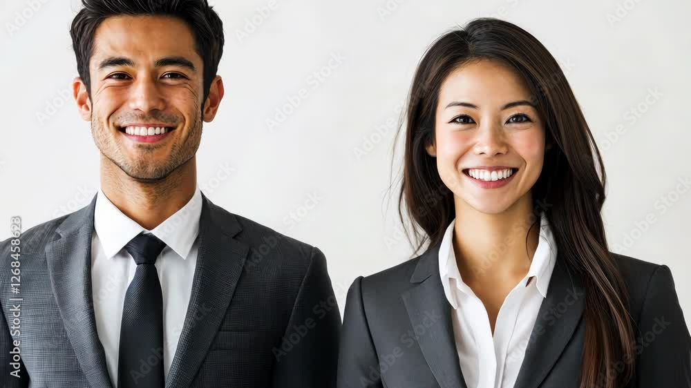 Two office workers, one male and one female, smiling at the camera while wearing business suits, generative AI Two office workers, one male and one female, smiling at the camera while wearing business suits, generative AI