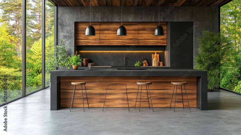 Modern kitchen island, forest view, wood, design, home Modern kitchen island, forest view, wood, design, home