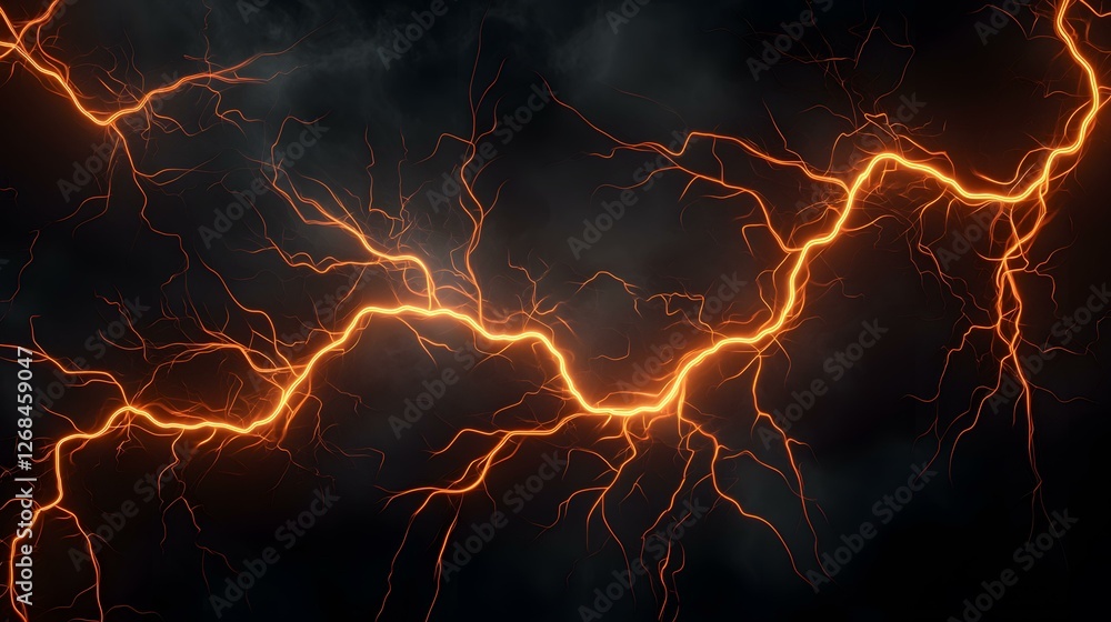 The image shows a stylized depiction of lightning, with bright orange electrical branches arcing across a dark, stormy background. The image shows a stylized depiction of lightning, with bright orange electrical branches arcing across a dark, stormy background.