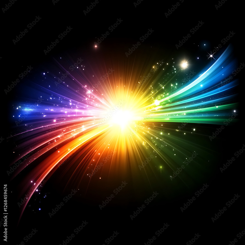 Obraz premium Vivid Burst of Rainbow Light Energy Emanating from a Central Point on Black Background Display