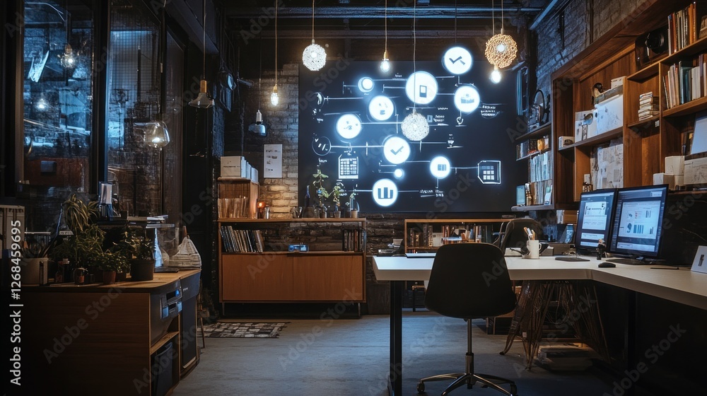 Modern Tech Startup Office: A Nighttime View of Innovative Workspace Modern Tech Startup Office: A Nighttime View of Innovative Workspace